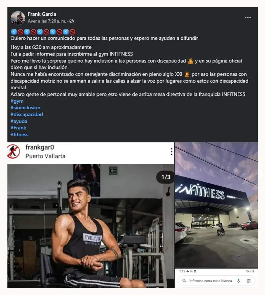 Frank García denuncia discriminación en gimnasio Infitness de Puebla por padecer discapacidad motriz 
