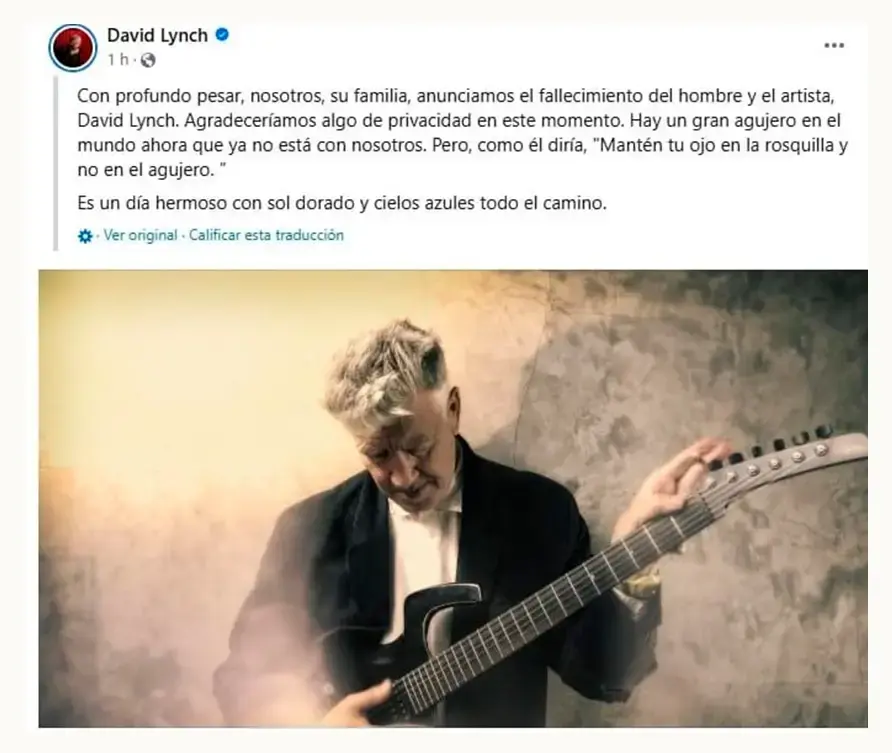 Murió David Lynch, reconocido director de cine y creador de “Twin Peaks”