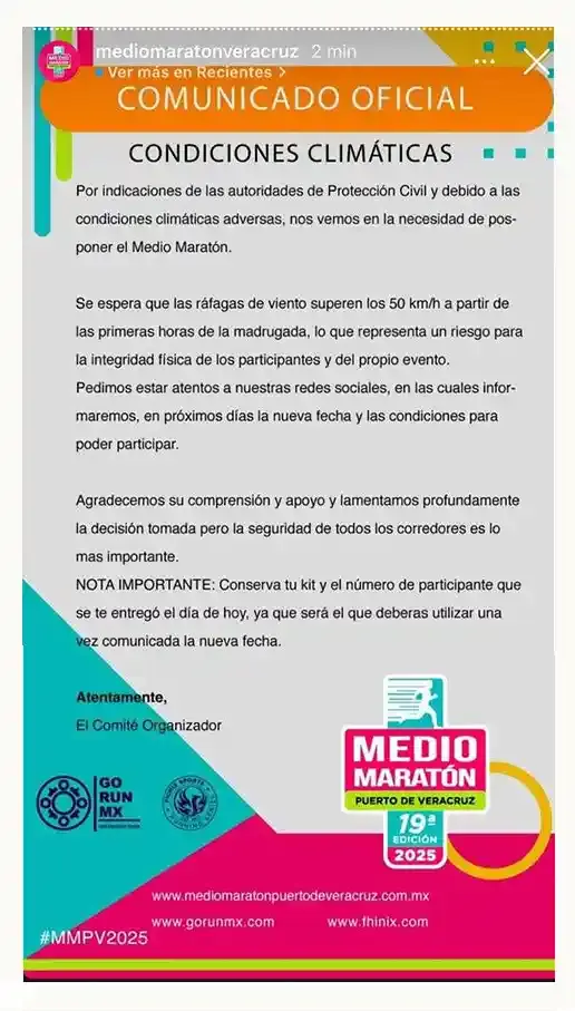 Corredores poblanos inconformes por suspención del Medio Maratón de Veracruz 2025; Condiciones climatológicas lo impiden