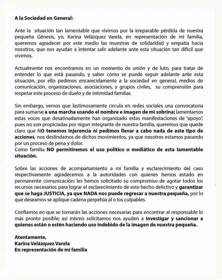Familia de Génesis se deslinda de manifestación en Puebla; “piden dinero por nosotros”, advierten