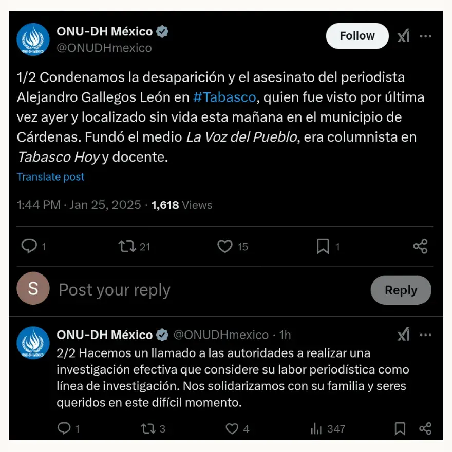 Matan al periodista Alejandro Gallegos León en Cárdenas, Tabasco; ONU pide investigar el asesinato