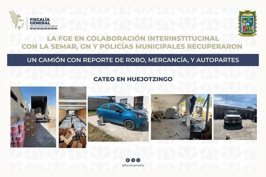 En cateo a inmueble aseguran tractocamión con mercancía robada y autopartes, en Huejotzingo