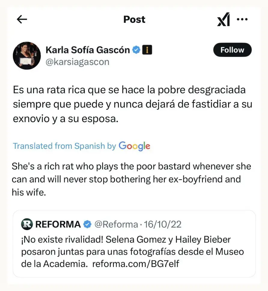 Karla Sofía Gascón desactiva su cuenta de ‘X’ tras indignación de internautas por sus publicaciones
