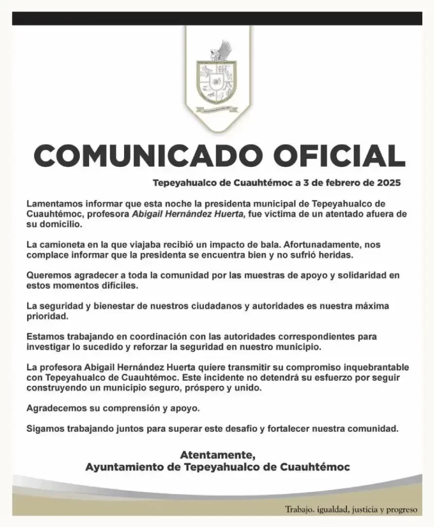 Presidenta municipal de Tepeyahualco de Cuauhtémoc, Puebla sufrió atentado armado en su camioneta