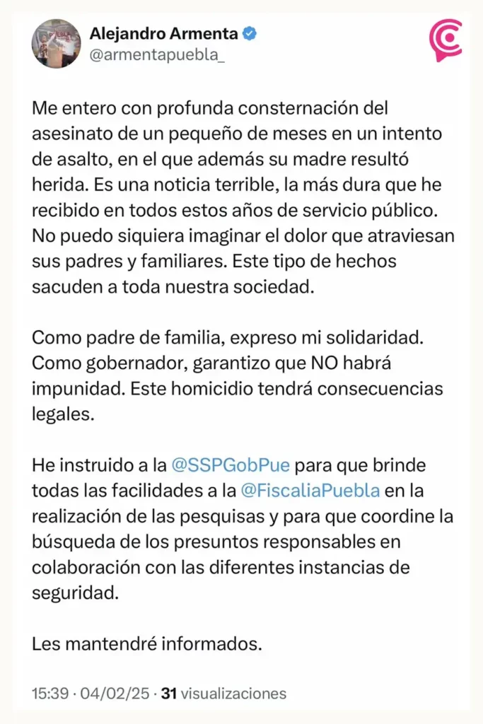 Bebé murió tras recibir disparo en la cabeza durante intento de asalto en Piedras Encimadas, Zacatlán