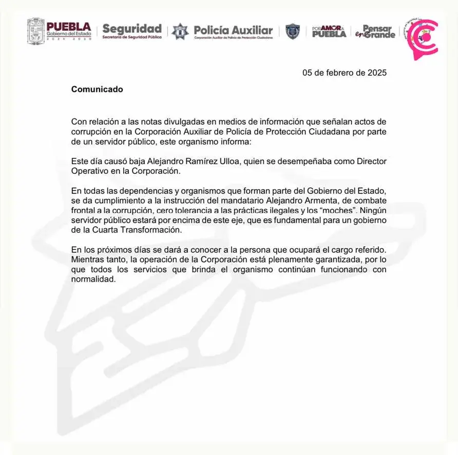 Despiden a Alejandro Ramírez Ulloa, director de la Policía Auxiliar por venta de plazas