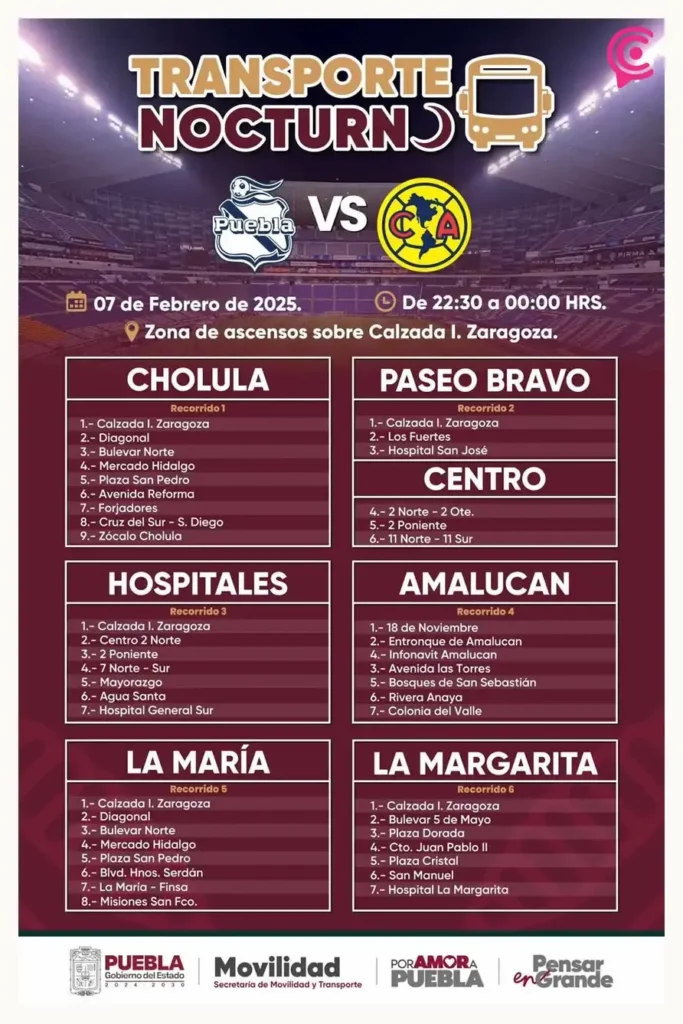 Recorridos del Transporte Nocturno al término del Club Puebla vs América