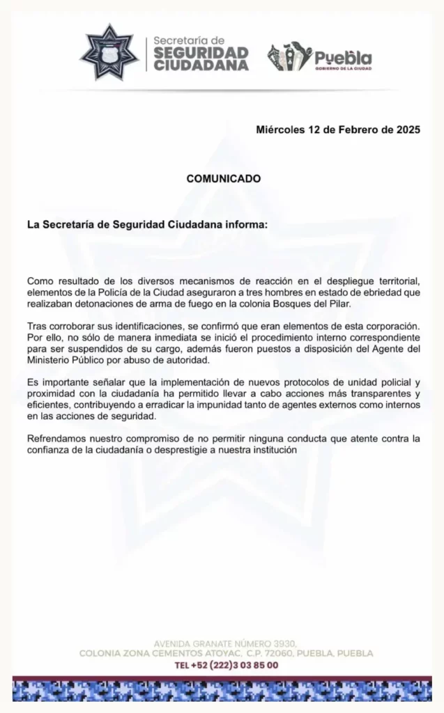 Detienen a tres policías municipales por disparar borrachos en Bosques del Pilar, Puebla