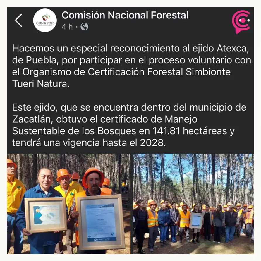 Ejido de Atexca es reconocido a nivel nacional por CONAFOR por su buen manejo forestal