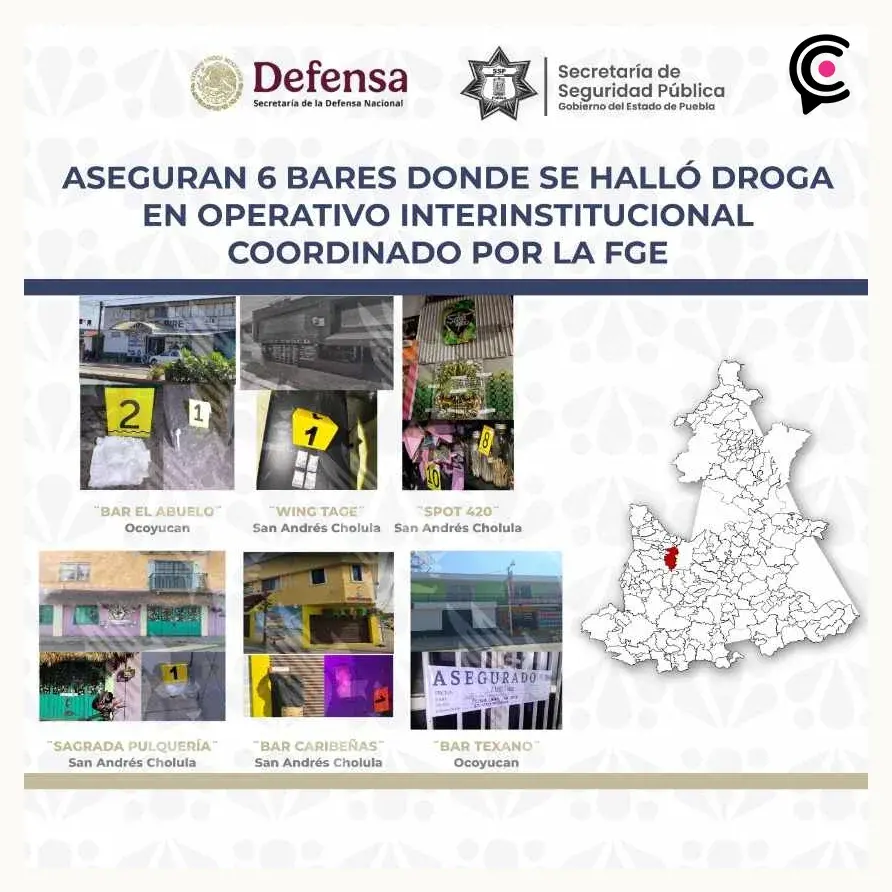 Por presencia de droga, autoridades estatales y federales aseguraron seis bares en Puebla
