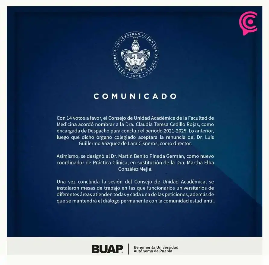 Consejo de Unidad BUAP nombra a Claudia Cedillo directora interina de Medicina