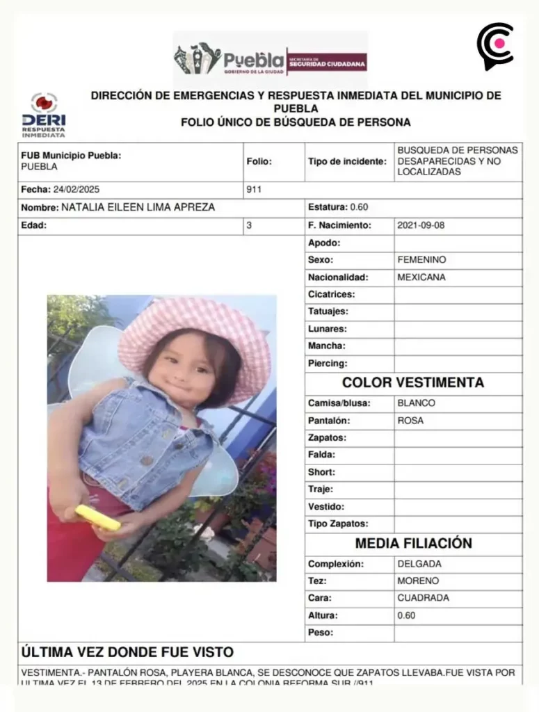 "Desaparecen" a la niña Nathalie Eileen Lima en Puebla; mamá y pareja los principales sospechosos 