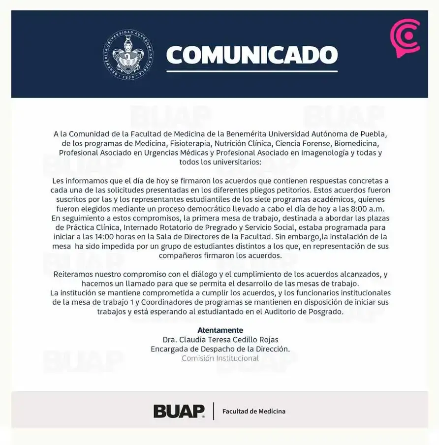 Acusan que estudiantes ajenos a movimiento de Medicina BUAP impidieron mesa de trabajo 