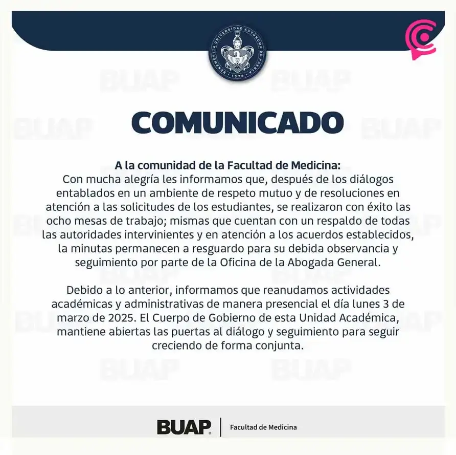 Termina el paro BUAP 2025; estudiantes de Medicina logran acuerdos con Lilia Cedillo