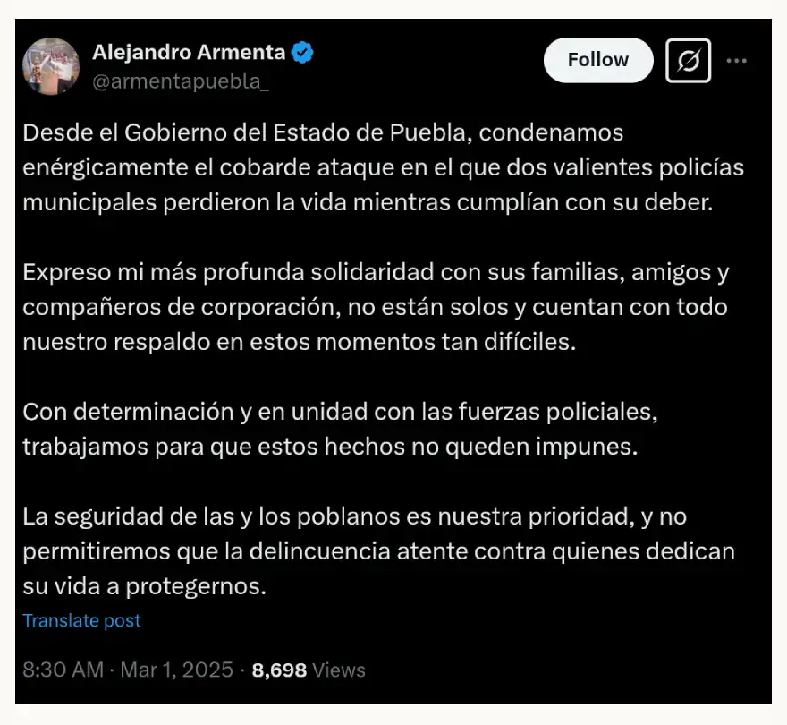 Alejandro Armenta y Pepe Chedraui condenaron asesinato de policías municipales de Puebla