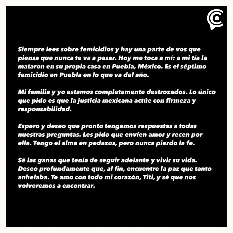 Actriz de Elite exige justicia por el feminicidio de su tía Natalia Andrade en Puebla