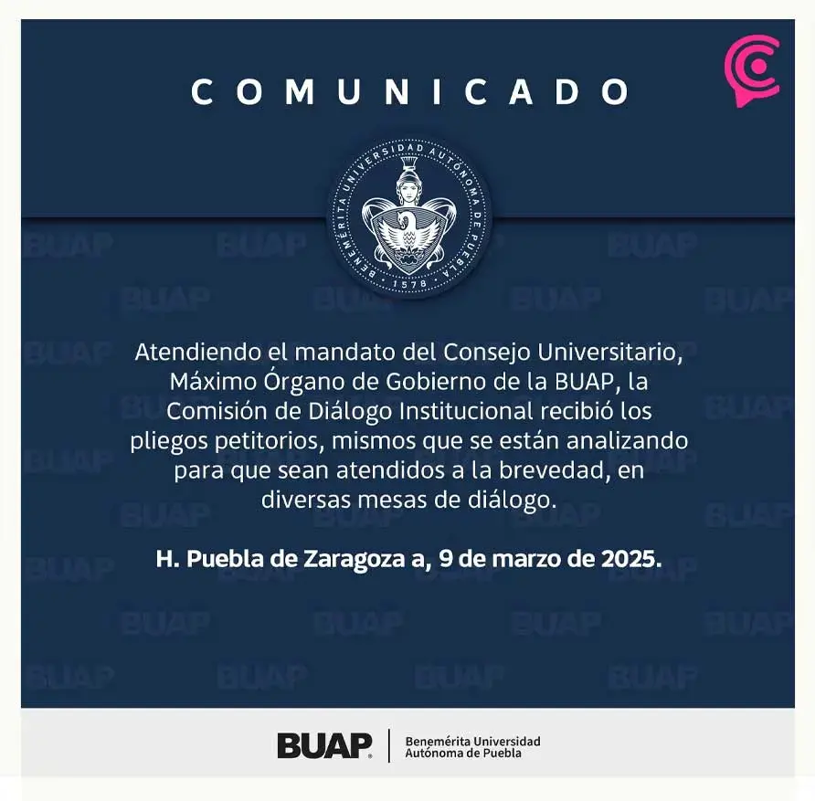 Estudiantes de BUAP en paro entregan pliego petitorio a la Comisión de Diálogo Institucional