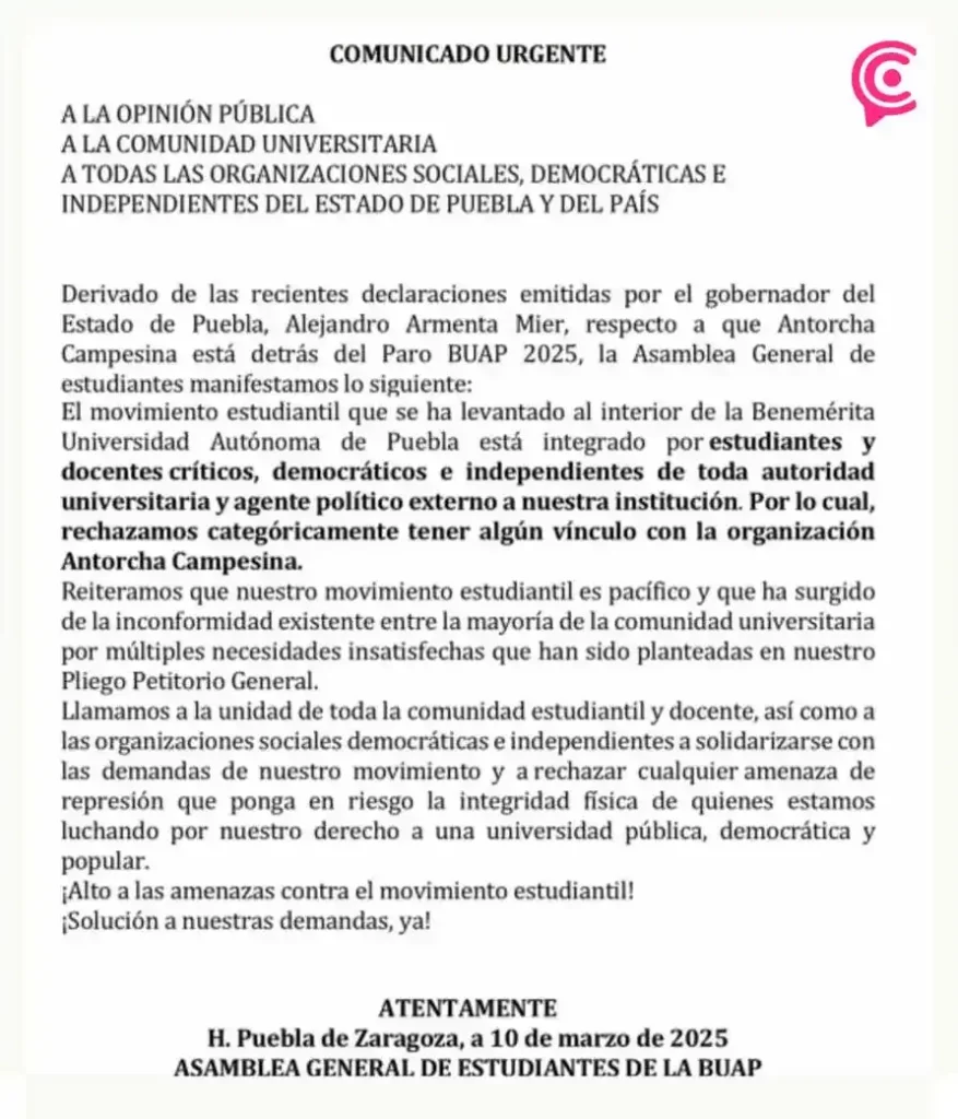 Estudiantes de la BUAP en paro niegan vínculo con Antorcha Campesina