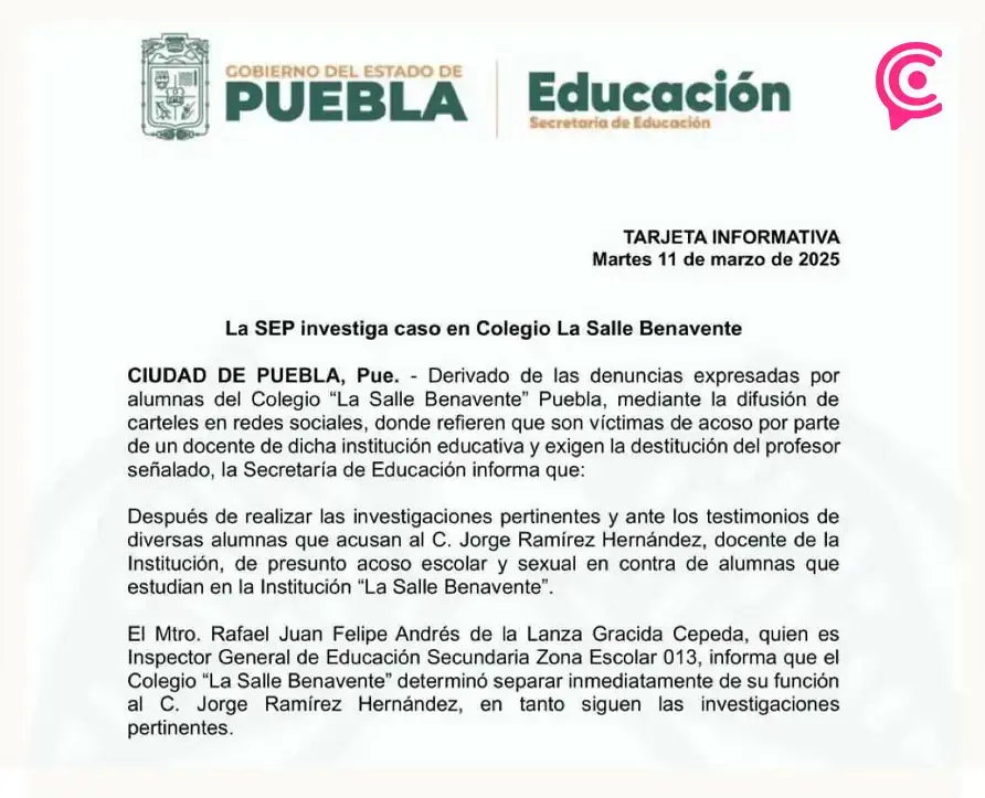 Estudiantes del Colegio Benavente en Puebla denuncian acoso por parte de un maestro