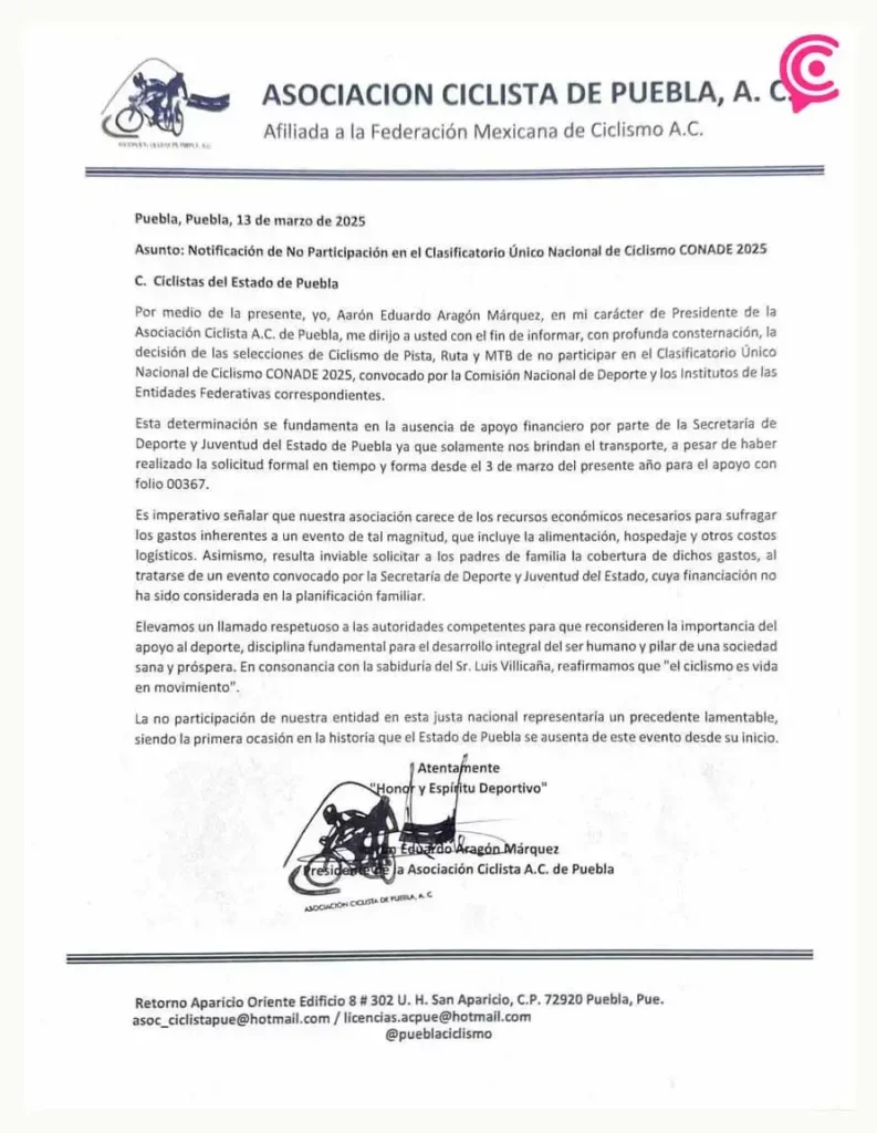 Por falta de apoyo, Asociación Ciclista de Puebla no participará en Clasificatorio a Nacionales Conade