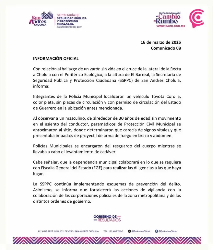 Asesinan a balazos a un hombre en San Andrés Cholula, Puebla