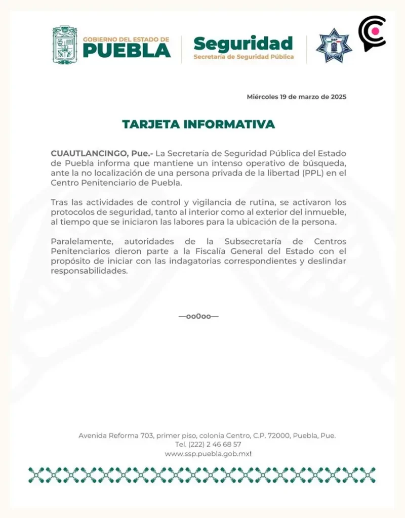 Reo escapa del penal de San Miguel, Puebla; autoridades realizan operativo para encontarlo