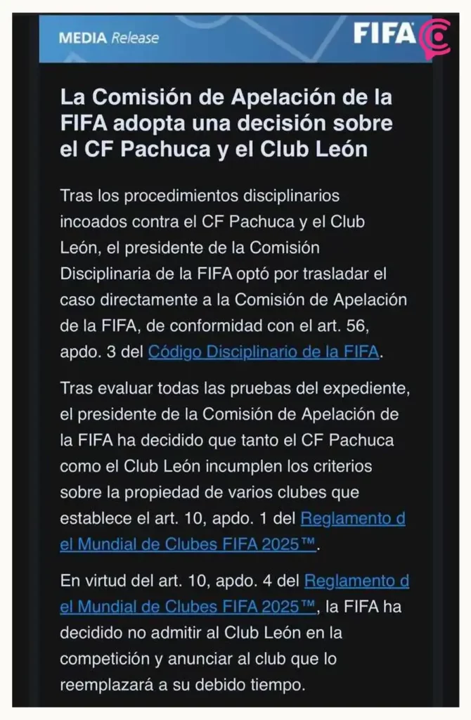 FIFA saca al Club León del Mundial de Clubes 2025; equipo apelará la decisión