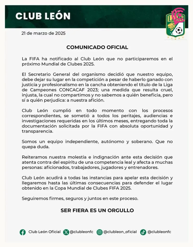 FIFA saca al Club León del Mundial de Clubes 2025; equipo apelará la decisión