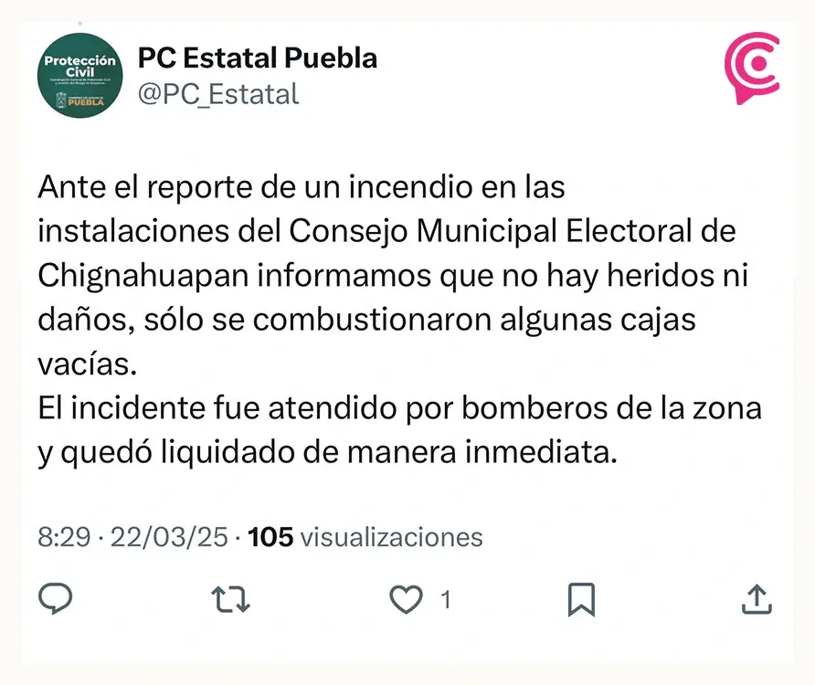 A horas de la elección extraordinaria, incendian instalaciones del IEE Chignahuapan; bomberos sofocan el fuego