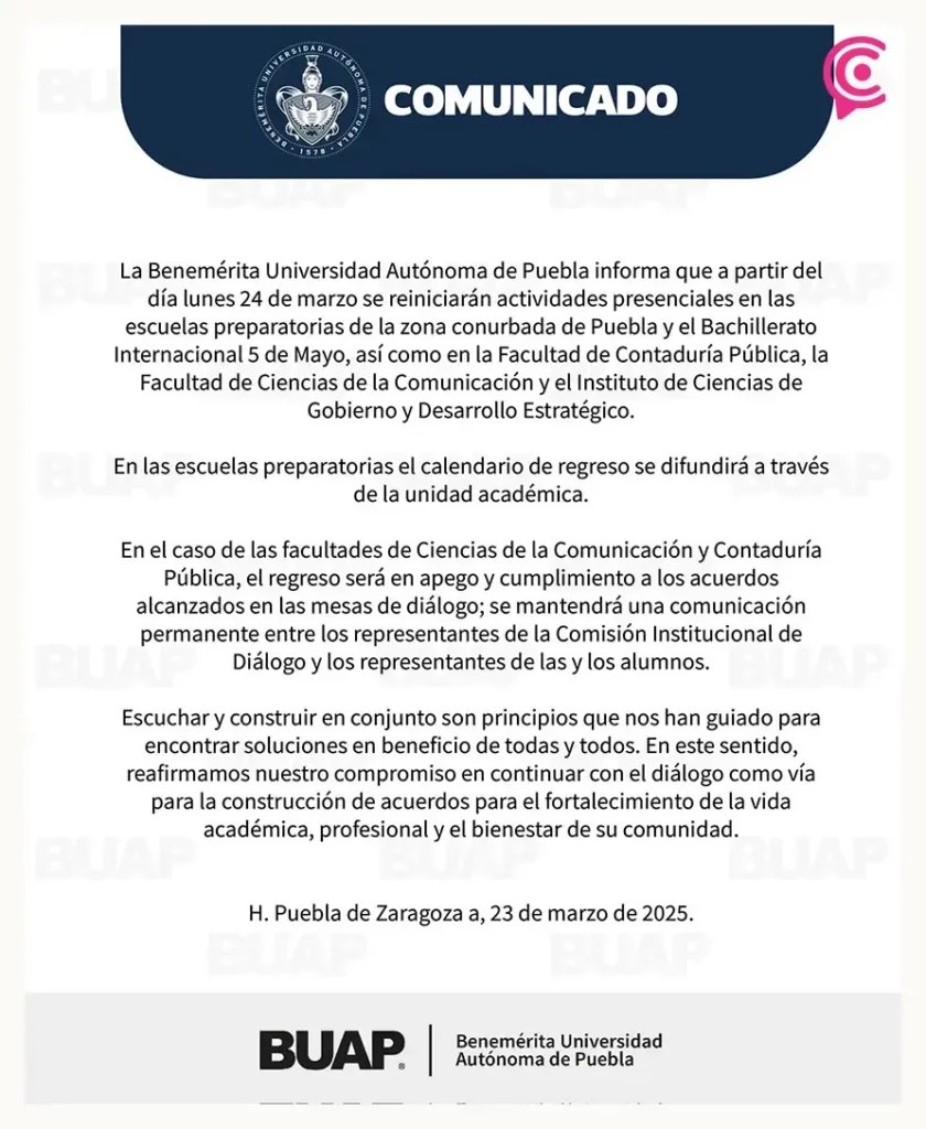 BUAP anuncia regreso a clases presenciales de estas unidades académicas el lunes 24 de marzo