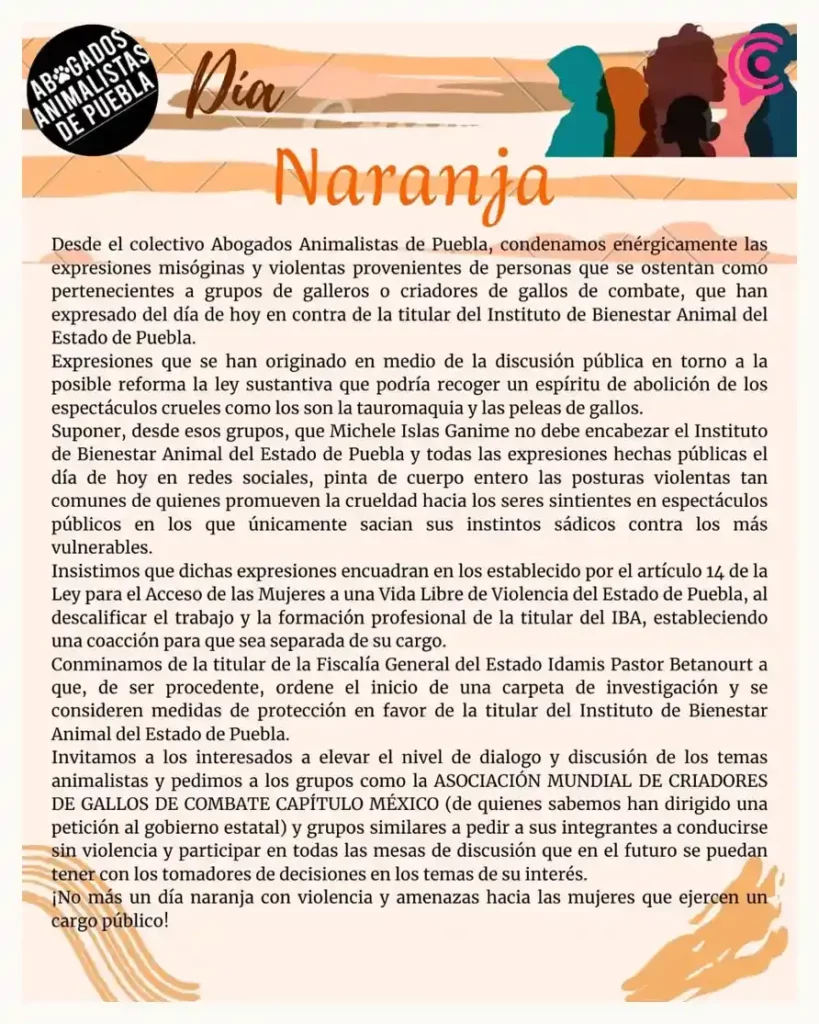 Galleros amenazan a directora de Bienestar Animal Puebla; activistas piden protección para funcionaria estatal