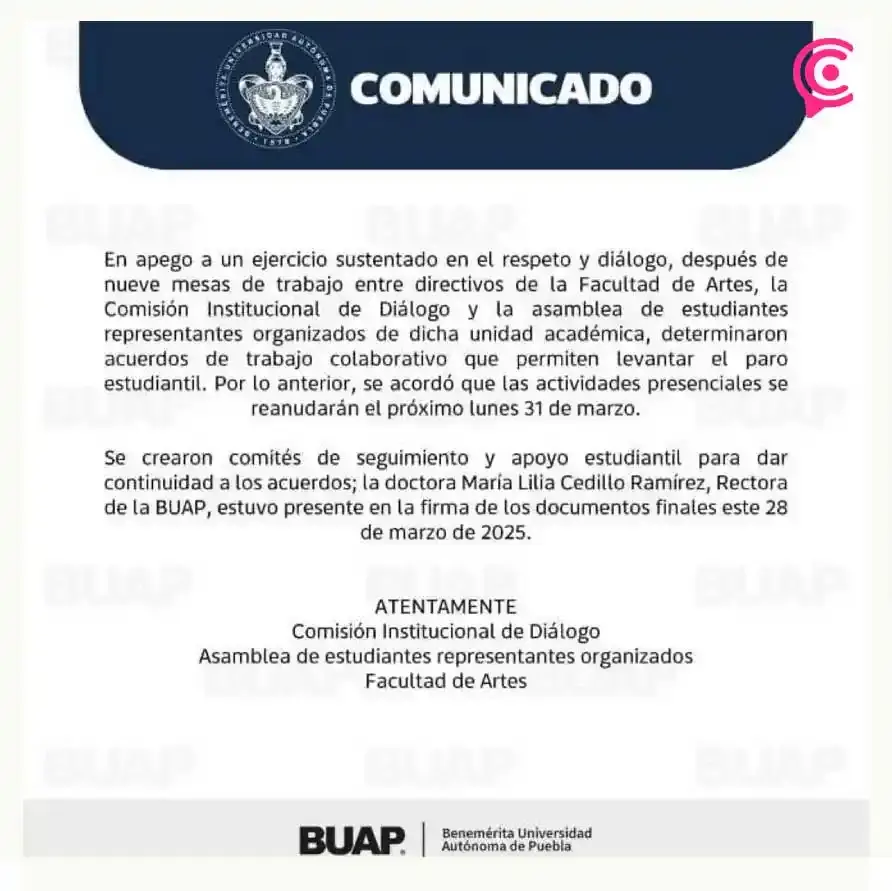 Facultad de Artes BUAP levanta paro; estudiantes retomarán clases el lunes 31 de marzo  