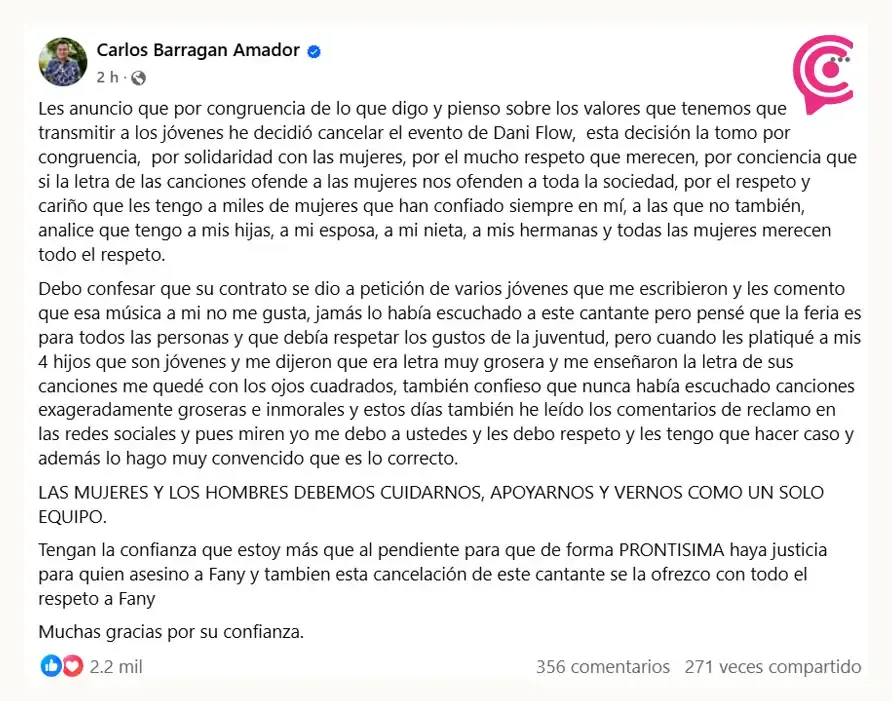 Alcalde de Xicotepec canceló concierto de Dani Flow “por el respeto que merecen las mujeres”