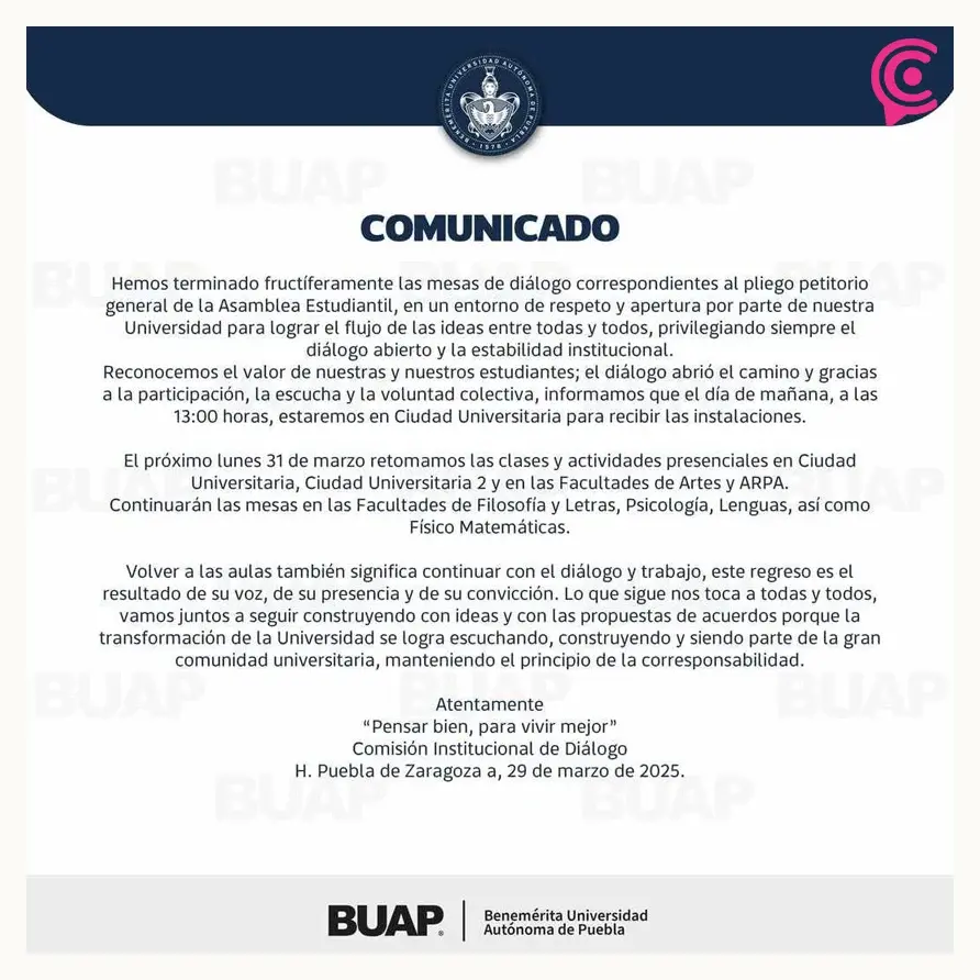 Termina paro en CU de la BUAP; regresarán a clases presenciales este 31 de marzo