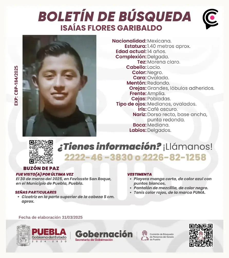 Isaías Flores, adolescente reportado como desaparecido, huyó de su padre en Puebla; sufría violencia familiar