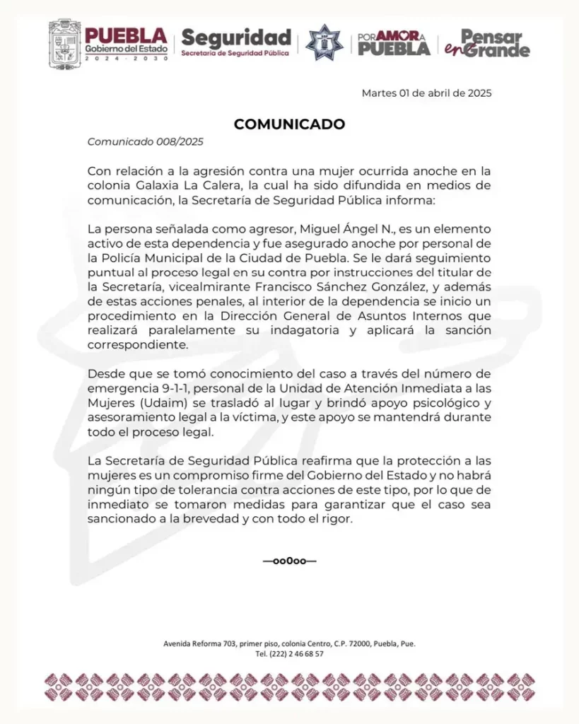 Detienen a policía estatal de Puebla por golpear a mujer en Galaxia La Calera 