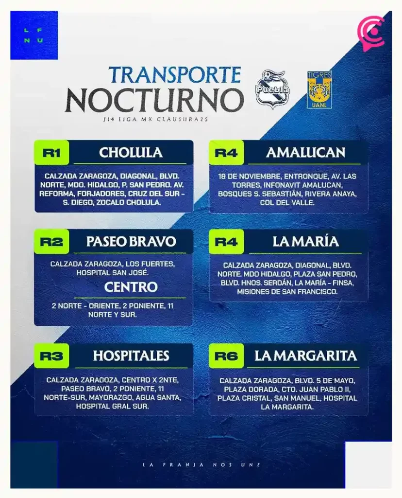 Transporte Nocturno al término del Club Puebla vs Tigres: horario, precio y rutas
