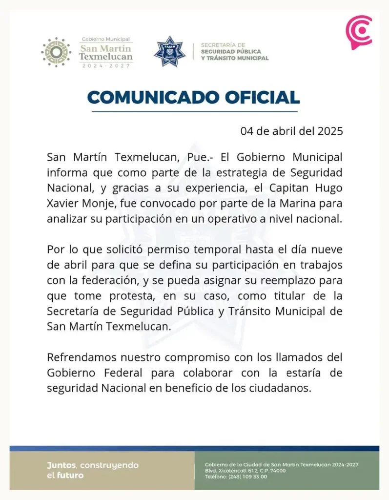 Hugo Xavier López Monge dejó la Secretaría de Seguridad Ciudadana de San Martín Texmelucan