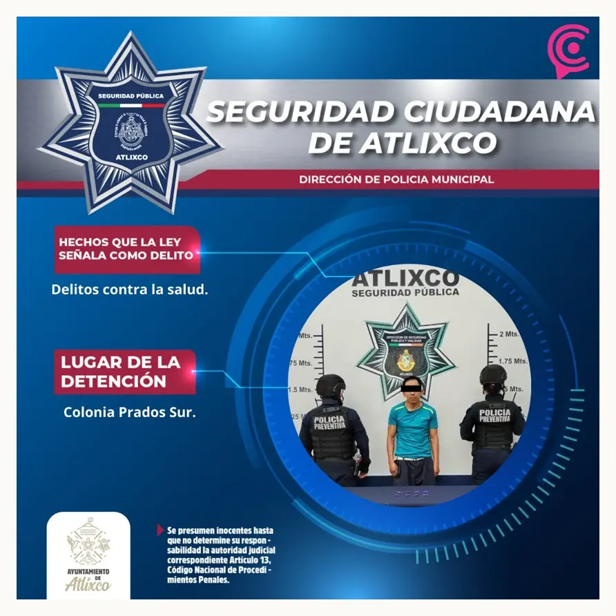 Policía de Atlixco detiene a joven por agresión y posesión de droga en pizzería