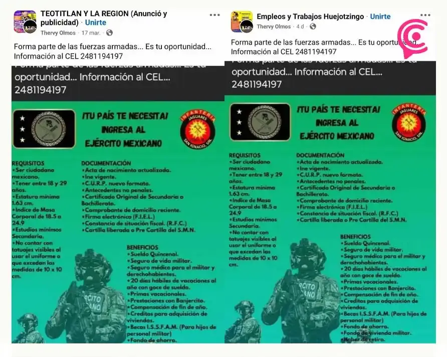 Presuntos reclutadores del Ejército Mexicano buscan en Puebla y Tlaxcala personal de Infantería para Mazatlán