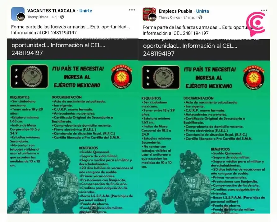 Presuntos reclutadores del Ejército Mexicano buscan en Puebla y Tlaxcala personal de Infantería para Mazatlán