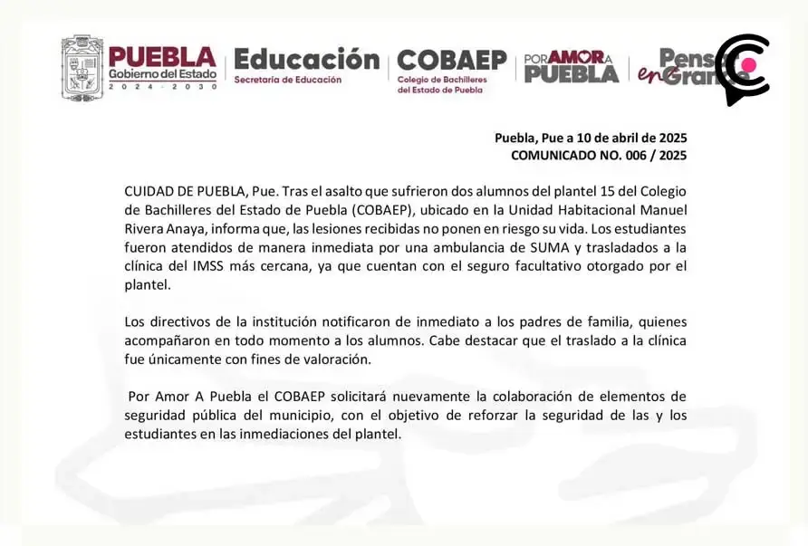 Delincuentes asaltaron e hirieron con arma blanca a dos estudiantes del Cobaep en Puebla