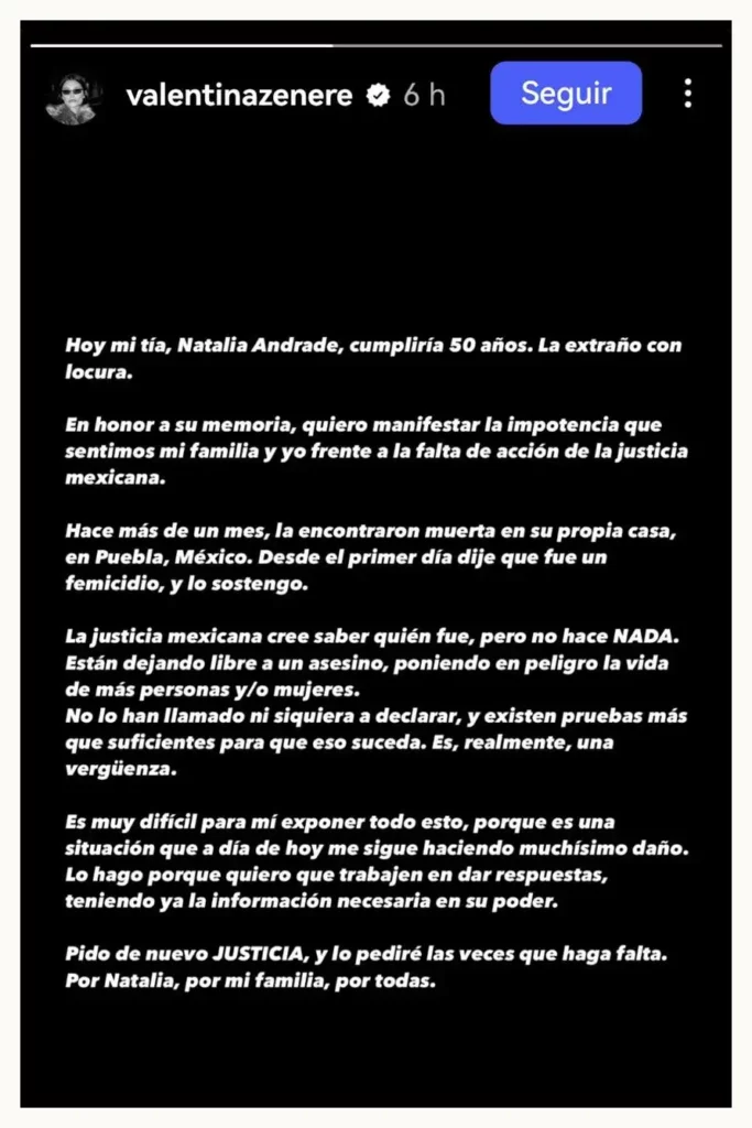 Valentina Zenere denuncia impunidad en el feminicidio de su tía Natalia Andrade en Puebla