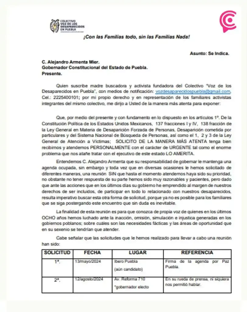 Voz de los Desaparecidos Puebla solicita reunión con gobernador; busca acordar titular de Comisión de Búsqueda