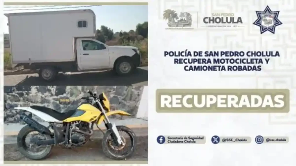 Policía de San Pedro Cholula recupera motocicleta y camioneta robadas