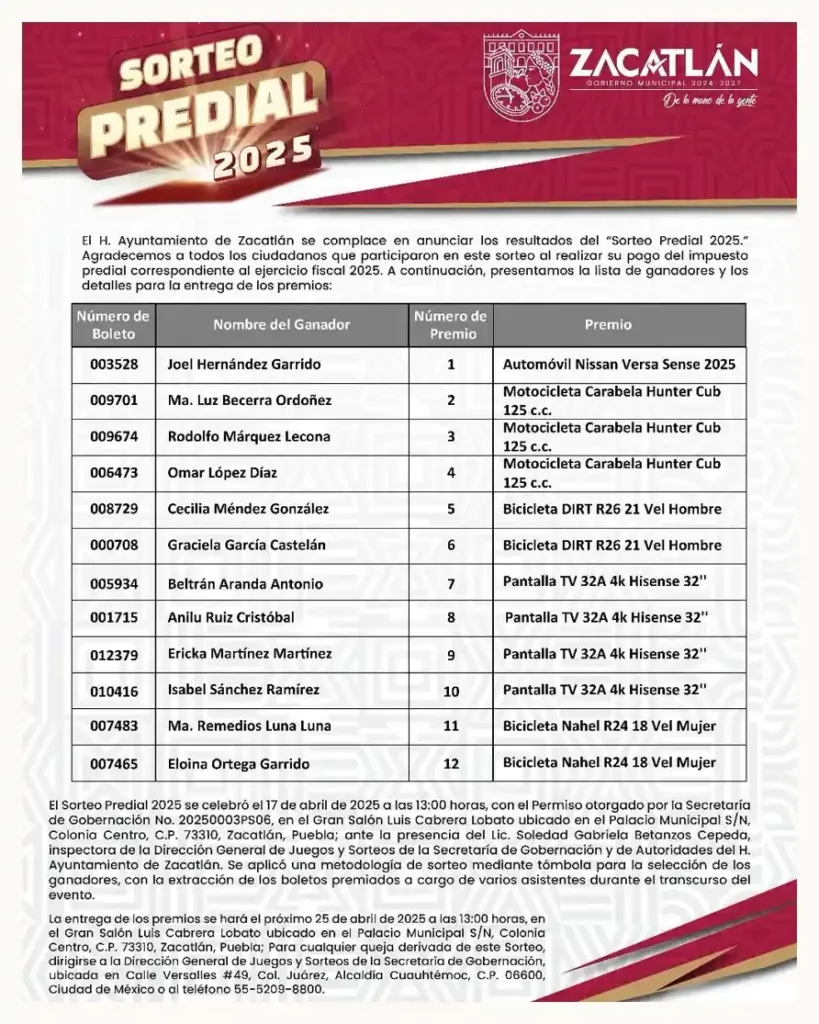 Personas de las comunidades y juntas auxiliares, las ganadoras del Sorteo Predial 2025: Bety Sánchez