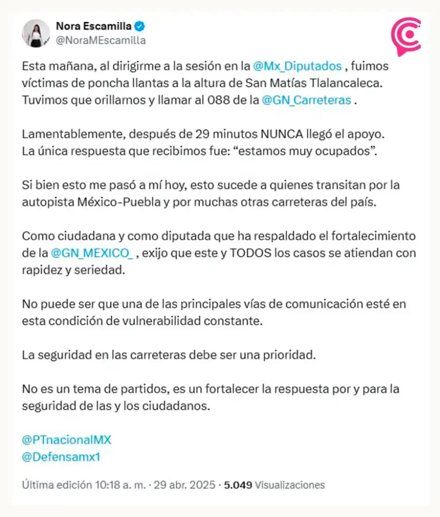 Diputada federal acusa ausencia de la GN tras caer en poncha llantas sobre autopista México-Puebla