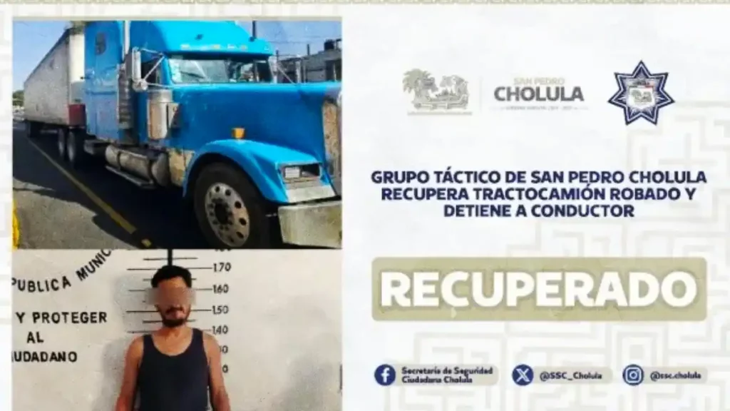 Grupo táctico de San Pedro Cholula recupera tractocamión robado y detiene a conductor
