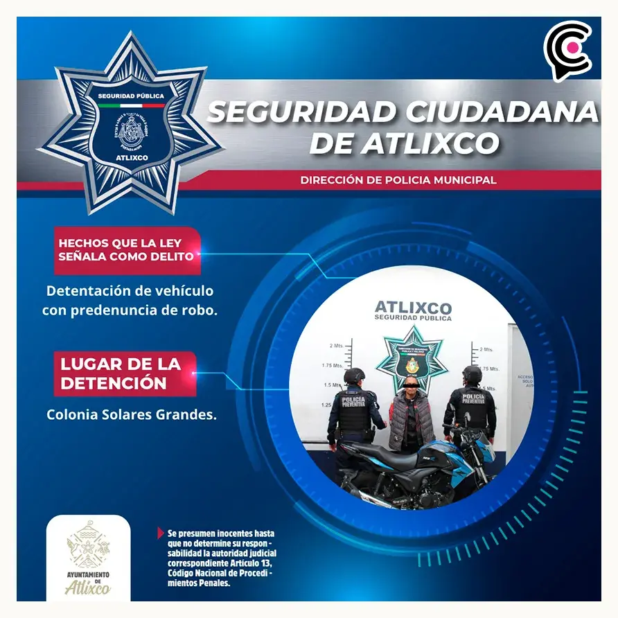 La Secretaría de Seguridad Ciudadana de Atlixco recupera motocicleta con reporte de robo y detiene al conductor
