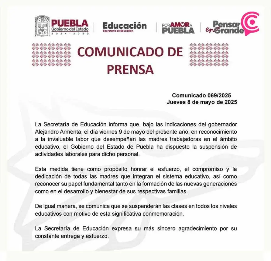 SEP Puebla suspende clases el 9 de mayo por Día de las Madres 